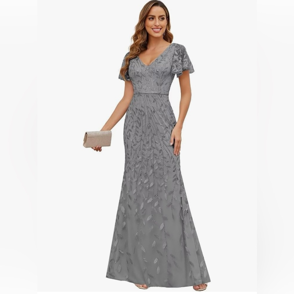 Gray Ruffled Wrap Gown with Flutter Sleeves